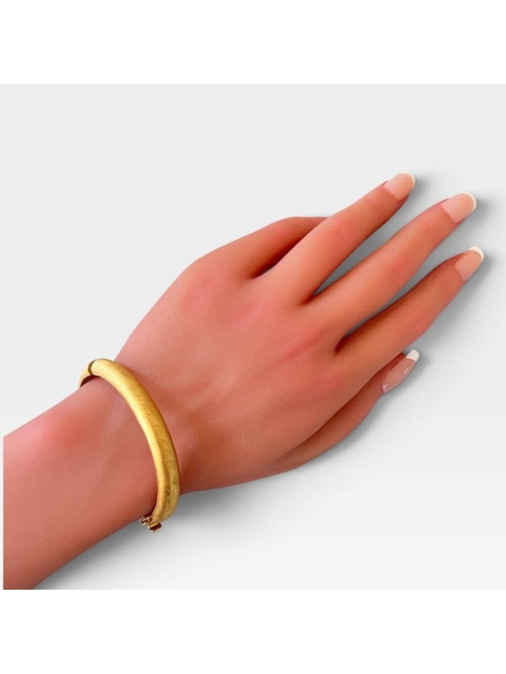 Vintage Crown Trifari Hinged Bangle Bracelet, Brushed Gold Tone, Safety Chain, 5